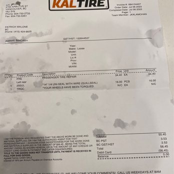 Kal Tire - Receipt for a flat repair - Tires Near Me - Vancouver, British Columbia Kal Tire - Receipt for a flat repair - Tires Near Me - Vancouver, British Columbia