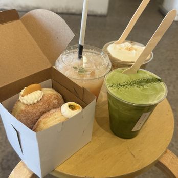 Kin Bakeshop - Banana and passion fruit brioche and strawberry Yakult, ube hojicha and double matcha latte. - Donuts Near Me - Santa Barbara, California Kin Bakeshop - Banana and passion fruit brioche and strawberry Yakult, ube hojicha and double matcha latte. - Donuts Near Me - Santa Barbara, California