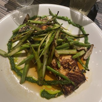 Surf Seafood - Miso Salmon with Sesame Rice cake, ponzo sauce, and shiitake mushrooms and asparagus. - Seafood Near Me - Nashua, New Hampshire