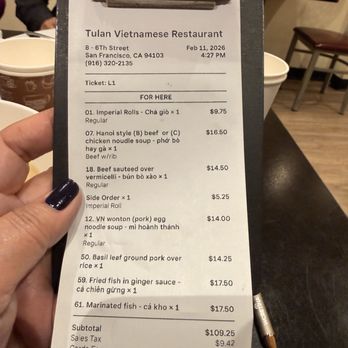 Tú Lan - We paid cash so we disregard the cards fee on the bill. - Vietnamese Near Me - San Francisco, California
