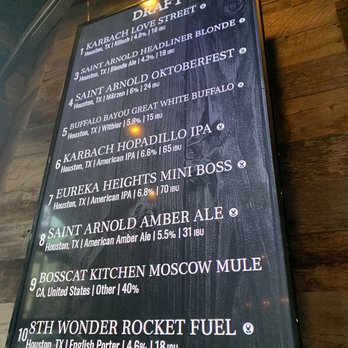 Bosscat Kitchen & Libations - Not sure what's on tap? The draft menu can be found at the front entrance. - New American Near Me - Houston, Texas Bosscat Kitchen & Libations - Not sure what's on tap? The draft menu can be found at the front entrance. - New American Near Me - Houston, Texas