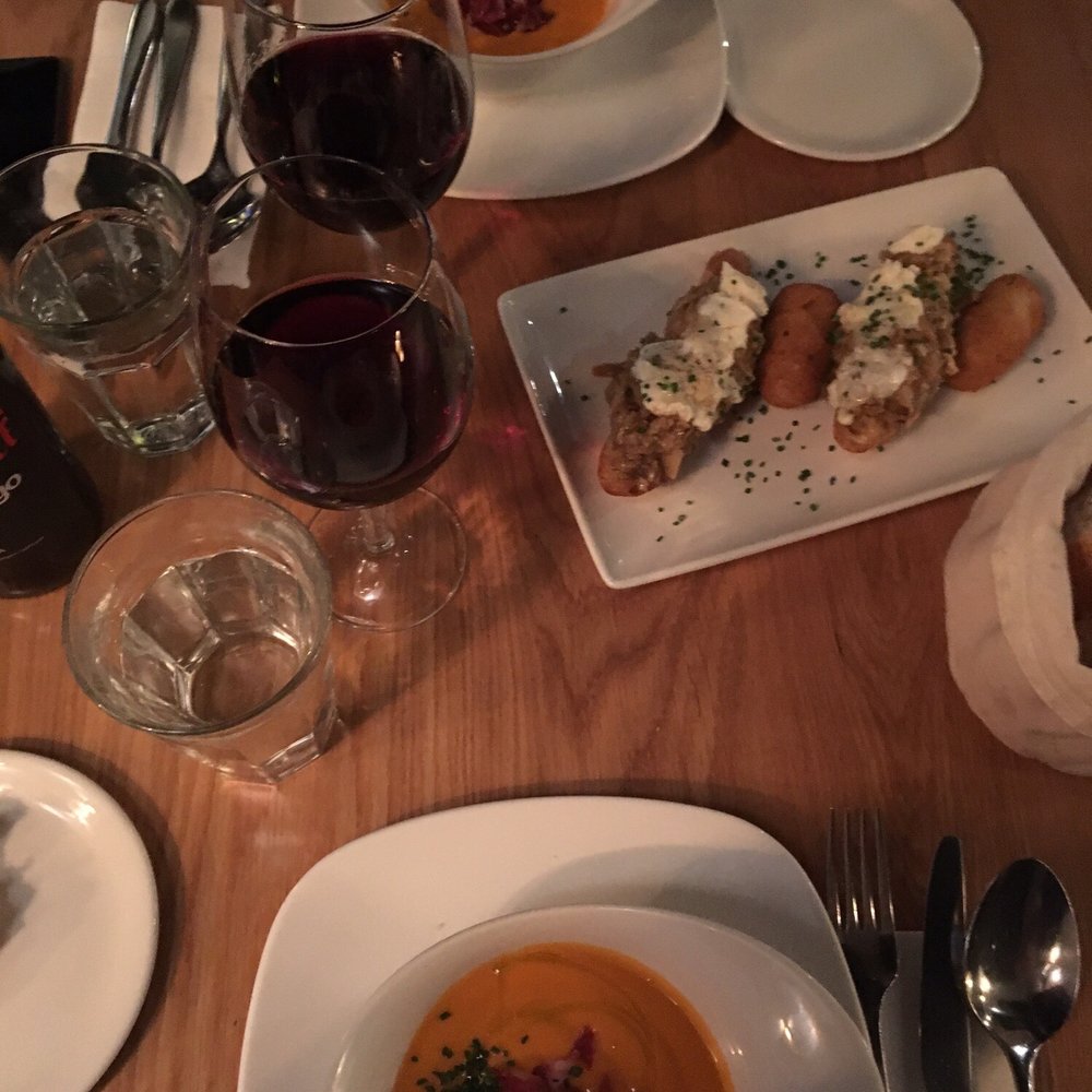 Mercado de la Reina - Goats cheese and mushroom pintxos, ham croquettas, Andalusian gazpacho (part of the set menu) - Tapas/Small Plates Near Me - Madrid, M Mercado de la Reina - Goats cheese and mushroom pintxos, ham croquettas, Andalusian gazpacho (part of the set menu) - Tapas/Small Plates Near Me - Madrid, M