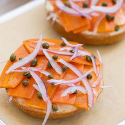 David Doughie's Bagelry - Vegan carrot 'smoked salmon' with cashew cream cheese, capers, and red onions