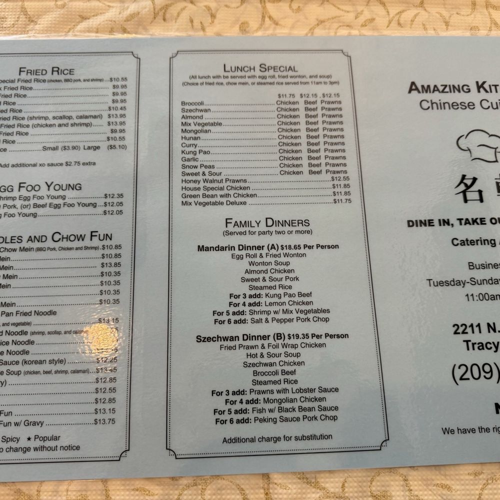 Amazing Kitchen - Menu - Front Side - Chinese Near Me - Tracy, California