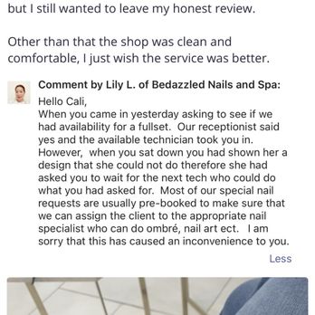 Bedazzled Nails and Spa - That's not the case. She told me she can do my design and she will charge me extra money which I agreed to before she gave away my chair. - Waxing Near Me - Chicago, Illinois