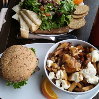Chez Victor - Salade des Cuisiners salad, Le Sanglier burger, and a (side?) of regular poutine - Burgers Near Me - Quebec City, Quebec Chez Victor - Salade des Cuisiners salad, Le Sanglier burger, and a (side?) of regular poutine - Burgers Near Me - Quebec City, Quebec