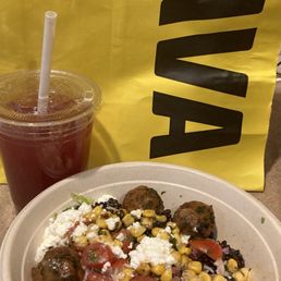 Rice bowl with falafel and blueberry lavender drink