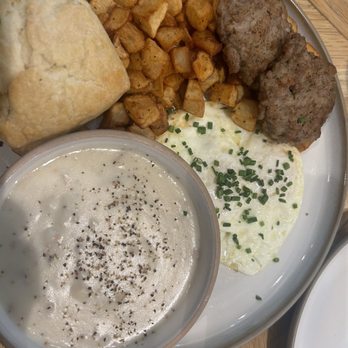 Magnolia Table - Farm Breakfast sausage patties and a side of gravy - Breakfast & Brunch Near Me - Waco, Texas
