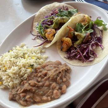 Blanco Cocina + Cantina - Shrimp tacos with charro beans and rice - Tacos Near Me - Tempe, Arizona