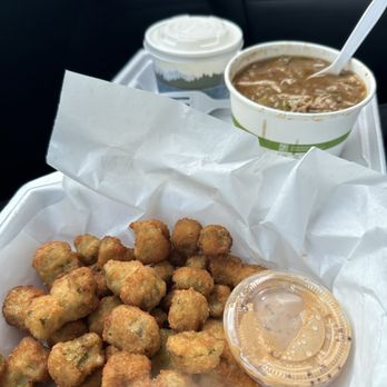 Gumbo House - Fried okra and a cup of chicken gumbo soup white rice comes on the side. - Cajun/Creole Near Me - Anchorage, Alaska