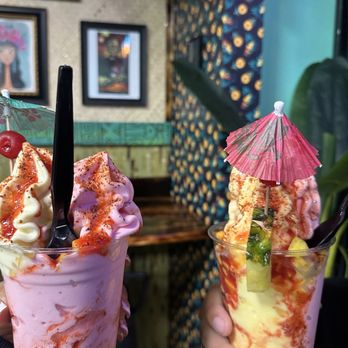 Pineapple Lagoon - Pineapple,mango, and watermelon flavor topped with chamoy, tajin, and mango chunks - Ice Cream & Frozen Yogurt Near Me - Garden Grove, California