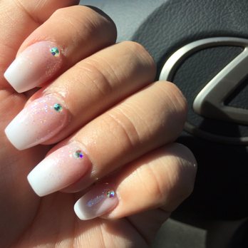 Le Nail Works - Ombré French tip with glitter top coat and jewels at the bottom - Nail Salons Near Me - Surprise, Arizona