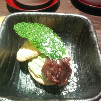 Cha-An - Green tea whippes cream between 2 pieces of pastry and a bit of red bean (mini dessert $3 add on for lunch special) - Japanese Near Me - New York, New York Cha-An - Green tea whippes cream between 2 pieces of pastry and a bit of red bean (mini dessert $3 add on for lunch special) - Japanese Near Me - New York, New York