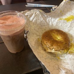 Red Eye and everything bagel with egg, cheese, and cream cheese