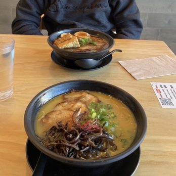 Sojo Ramen - Bottom: Tonkotsu Ramen with mushroom, top: Black Garlic Tonkotsu Ramen with egg and tofu - Ramen Near Me - Fremont, California Sojo Ramen - Bottom: Tonkotsu Ramen with mushroom, top: Black Garlic Tonkotsu Ramen with egg and tofu - Ramen Near Me - Fremont, California