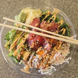 Raley's - Hawaiian poke bowl: sushi grade tuna, seaweed salad, romaine, imitation crab salad, avocado, rice, cucumber slivers, unagi sauce, roe.