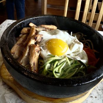 Koreana Korean BBQ - B3 Pork, mixed vegetable & fried egg over rice in hot stone pot. - Korean Near Me - Fairfield, California Koreana Korean BBQ - B3 Pork, mixed vegetable & fried egg over rice in hot stone pot. - Korean Near Me - Fairfield, California