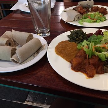 Tabor Ethiopian Restaurant - Injera and the 7 veggie platter (everything but the spicy lentils and yellow split peas) - Ethiopian Near Me - Baltimore, Maryland