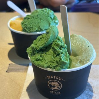 Matsu Matcha - Gelato in a cup. Uji Matcha #3 and Grape Matcha (front), Uji Matcha #3 and Mango Sorbet (back) - Coffee & Tea Near Me - Los Angeles, California Matsu Matcha - Gelato in a cup. Uji Matcha #3 and Grape Matcha (front), Uji Matcha #3 and Mango Sorbet (back) - Coffee & Tea Near Me - Los Angeles, California