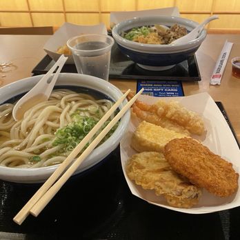 Marugame Udon - Kake udon, potato croquette, tempura sweet potato, shrimp and egg - Japanese Near Me - Costa Mesa, California