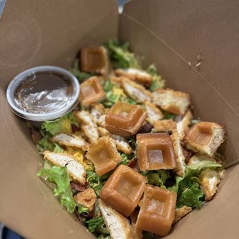 Grill 'Em All - Chicken and waffle salad with bacon and cheese.  (Jump in the Salad) fresh and amazing! - Burgers Near Me - Long Beach, California