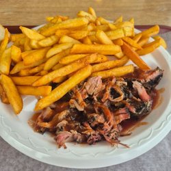 Rusty's Bar-B-Q - Pulled pork plate, double fries, not pictured 2 slices of white bread and your size choice of Pepsi products or tea.