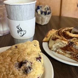 Coffee, blueberry scone, cinnamon roll - all delicious