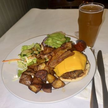 The Ear Inn - "9oz Lamb Burger" (w/ bacon, lettuce, tomato, onion, homefries and salad) - Bars Near Me - New York, New York The Ear Inn - "9oz Lamb Burger" (w/ bacon, lettuce, tomato, onion, homefries and salad) - Bars Near Me - New York, New York