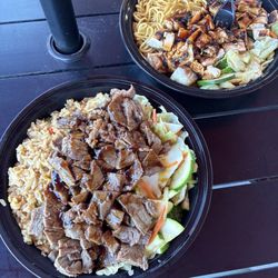Okey-dokey, large steak bowl with fried rice and veggies and a large breast bowl with noodles and veggies