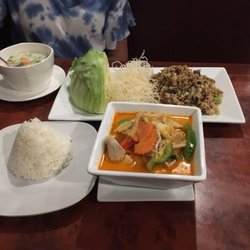 Bangkok Thai Cuisine - Red Curry with Jasmine Rice, Chicken Lettuce Wraps, Coconut Milk based Vegetable Soup