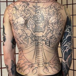 Black Label Tattoo - Finished outline of 7 Lucky gods of Japan
