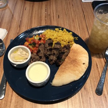 Maya's Modern Mediterranean - Beef Kabob plate with rice and salad (garlic sauce and hummus) absolutely delicious - Mediterranean Near Me - Dallas, Texas Maya's Modern Mediterranean - Beef Kabob plate with rice and salad (garlic sauce and hummus) absolutely delicious - Mediterranean Near Me - Dallas, Texas