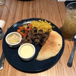 Maya's Modern Mediterranean - Beef Kabob plate with rice and salad (garlic sauce and hummus) absolutely delicious