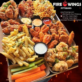 Fire Wings - Pittsburg - a platter of wings, fries, and vegetables - Chicken Wings Near Me - Pittsburg, California