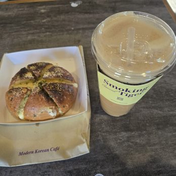 Smoking Tiger Coffee & Bread - Garlic cream cheese roll & large tiger latte - Coffee & Tea Near Me - Buena Park, California