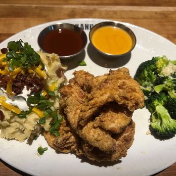 J. Alexander's - Mr. Jack's Crispy Chicken with loaded smashed potatoes and broccoli - New American Near Me - Raleigh, North Carolina J. Alexander's - Mr. Jack's Crispy Chicken with loaded smashed potatoes and broccoli - New American Near Me - Raleigh, North Carolina