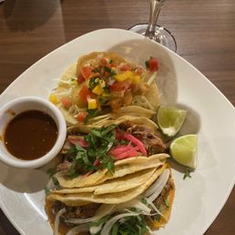Fish, pork, and beef birria tacos - yum! Fish, pork, and beef birria tacos - yum!