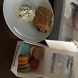 Macarons, chocolate croissant, meringue Macarons, chocolate croissant, meringue