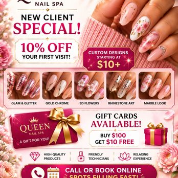 Queen Nail Spa - New Client Special! 10% OFF + custom designs from $10+. Gift cards available--Buy $100, get $10 FREE! - Nail Salons Near Me - Perrysburg, Ohio Queen Nail Spa - New Client Special! 10% OFF + custom designs from $10+. Gift cards available--Buy $100, get $10 FREE! - Nail Salons Near Me - Perrysburg, Ohio