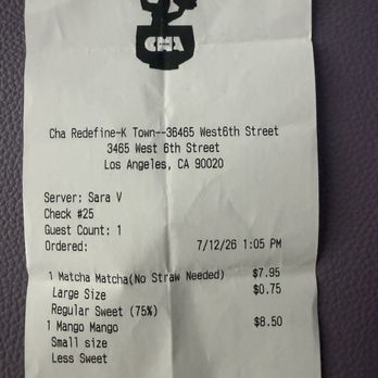 Cha Redefine - Charged for a large matcha but both drinks were the same exact size - Bubble Tea Near Me - Los Angeles, California