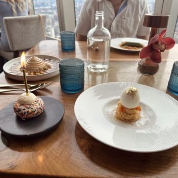 Peak with Priceless Restaurant & Bar - "The Egg" and a white chocolate birthday cake - New American Near Me - New York, New York