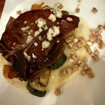 Bridgewater Bistro - Maple pork chop with sweet potato purée and roasted winter vegetables.  Yum! - New American Near Me - Astoria, Oregon