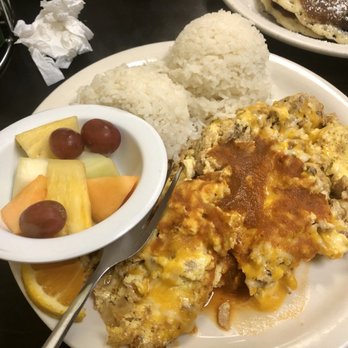 Scramblers Cafe - Kahlua pork scramble with fruit and rice - Breakfast & Brunch Near Me - Norco, California Scramblers Cafe - Kahlua pork scramble with fruit and rice - Breakfast & Brunch Near Me - Norco, California
