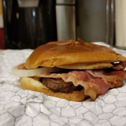 Wendy's - This is supposed to be an Awesome Bacon Double Cheeseburger. Looks like it was sat on.