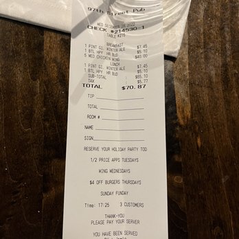 97 Street Pub - a receipt for a drink - Pubs Near Me - Kelowna, British Columbia