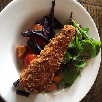 The Bell at Stow - Crispy Lincolnshire Poacher, roasted sweet potato, honey roasted carrots, baby spinach, chicory, avocado (£8.50) - Pubs Near Me - Gloucester, STE