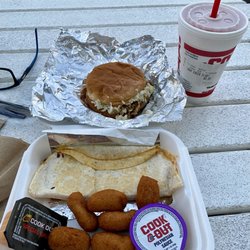 Cook Out - My combo , BBQ Sandwich with Slaw and Hot Sauce , Chicken Quesadilla , Hush Puppies , and Cheerwine Float