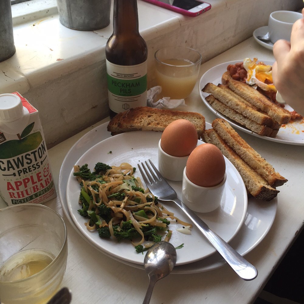 Brick House - Sprouting broccoli noodle salad, double dippy egg. Borlotti beans on sourdough. Peckham pils and tea. - Coffee & Tea Near Me - East Dulwich, XGL