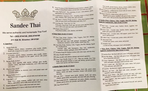 Menu photo 7 Sandee Thai Restaurant Silverton, OR