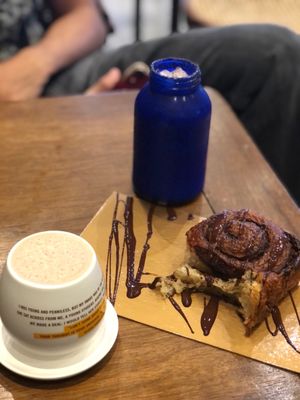 Photo of Blue Stripes Cacao Shop - New York, NY, US. Nutella Hot Cocoa, Nutella Roll, Iced Chai Tea